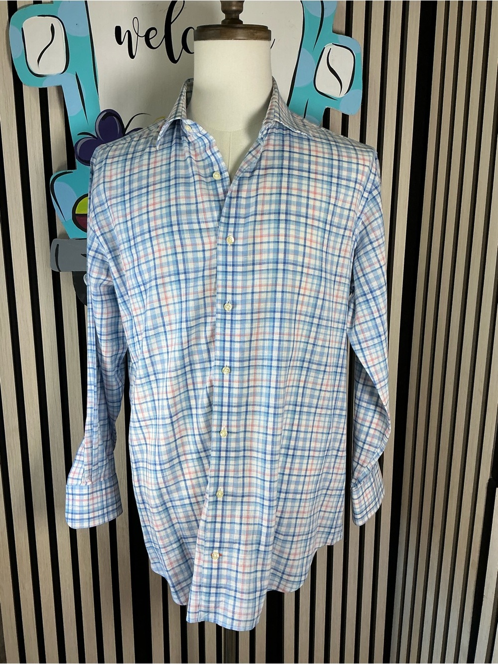 Men's Light Blue and White Plaid Linen Blend Button-Up Shirt, Sz L
